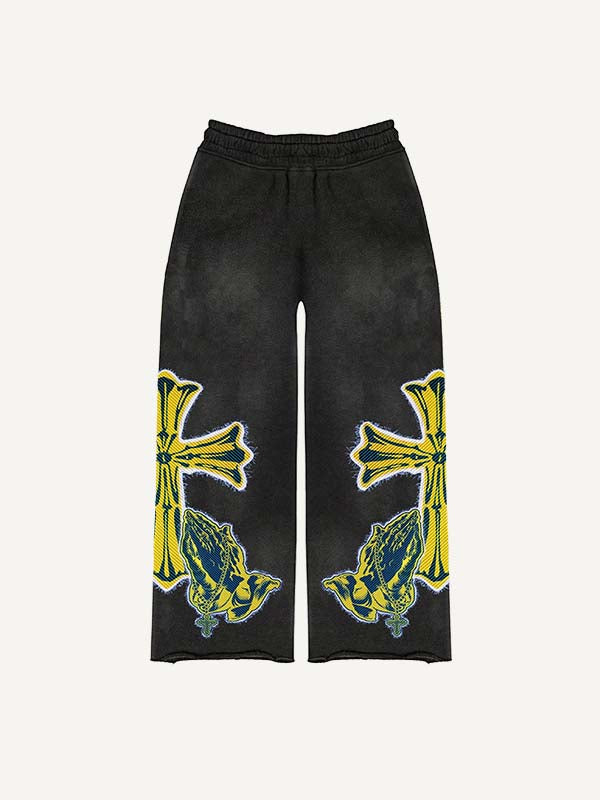 Figure&Pray&Cross Faux Decal Print Elastic Waist Pants