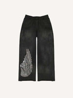 Cross&Wing Faux Rhinestones Print Elastic Waist Pants