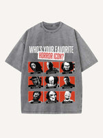 Distressed Washed Halloween Horror Print Round Neck T-shirt