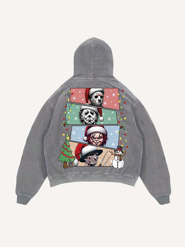 Distressed Washed Christmas Horror Print Slant Pockets Hoodie