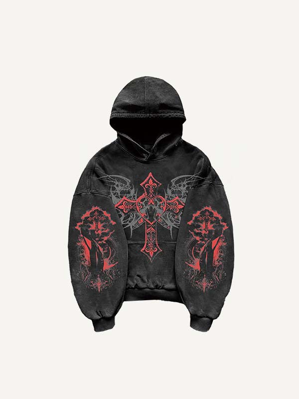 Figure&Cross Graphic Print Slant Pockets Hoodie