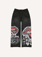 Figure&Lips&Eye&Skull&Graphic Faux Decal Print Elastic Waist Pants