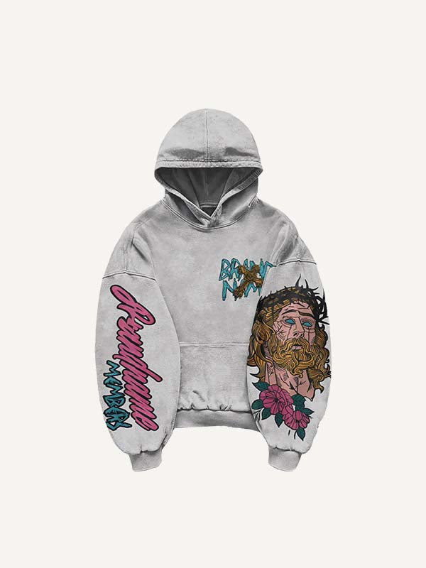 Figure&Letter&Cross Print Slant Pockets Hoodie