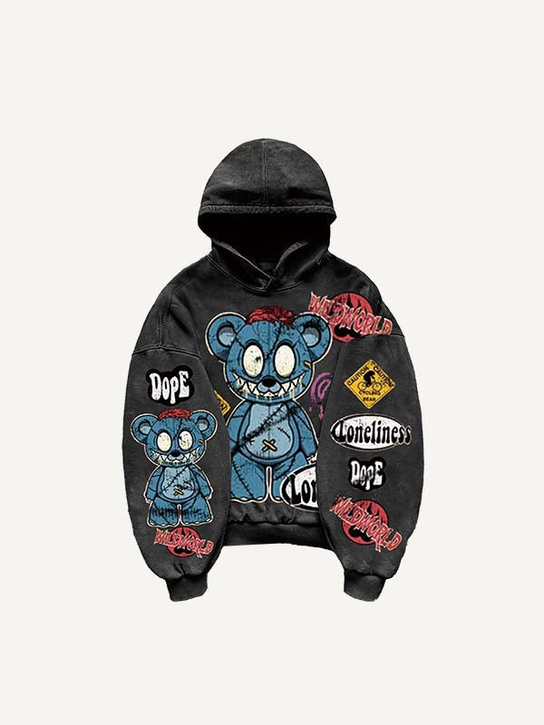 Bear&Graphic&Letter Faux Decal Print Slant Pockets Hoodie