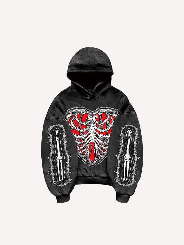 Skeleton&Heart&Wing Faux Decal Print Slant Pockets Hoodie