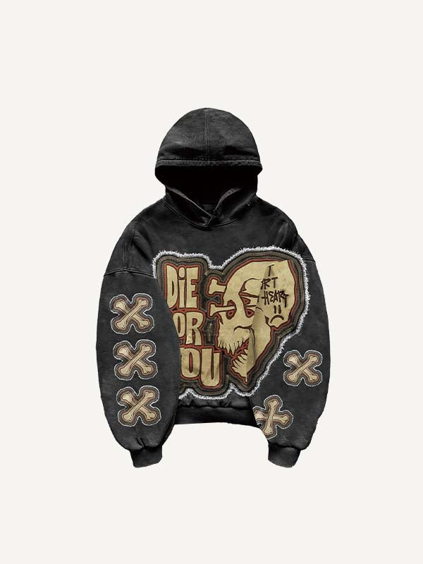 Die For You Skull&Cross Faux Decal Print Slant Pockets Hoodie