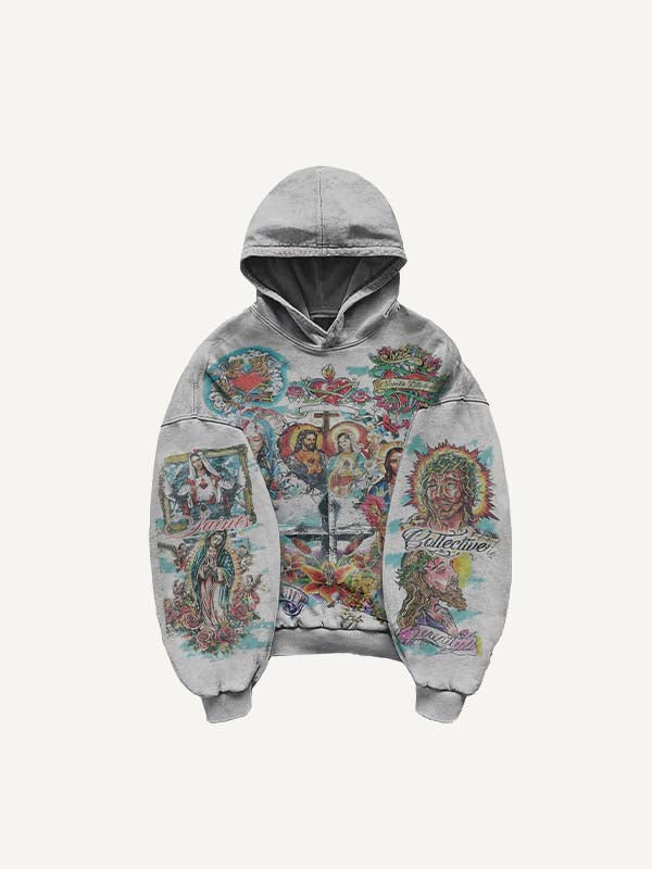 Mary&Jesus&Pray&Cross&Graphic&Letter Print Slant Pockets Hoodie