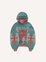 Demon&Figure&Cross&Wing&Letter Print Slant Pockets Hoodie