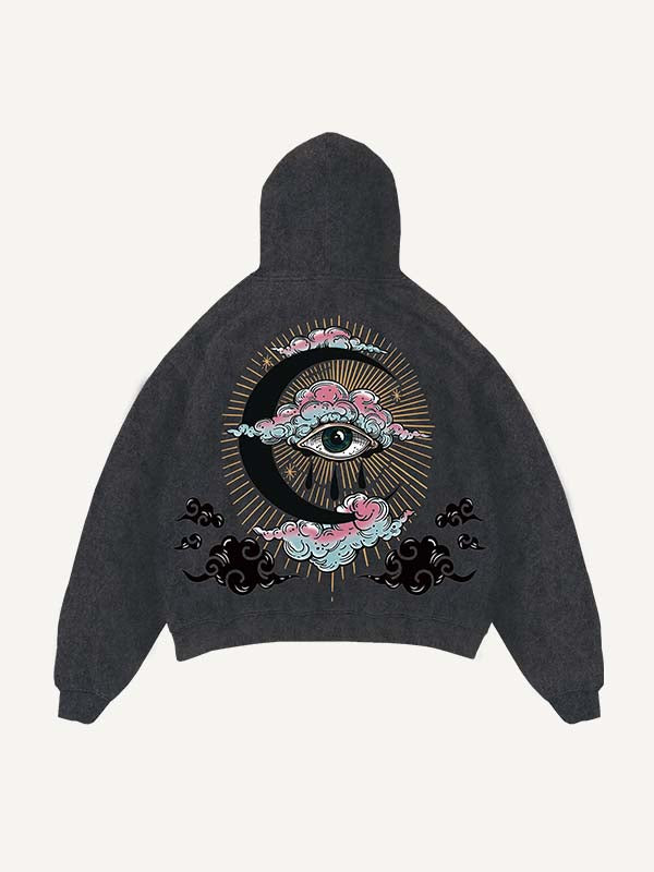 Distressed Washed Eye&Cloud&Moon&Graphic Print Slant Pockets Hoodie