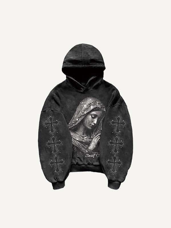 Mary&Cross Faux Rhinestones Print Slant Pockets Hoodie