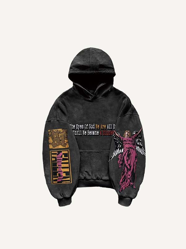 Figure&Wing&Letter Print Slant Pockets Hoodie