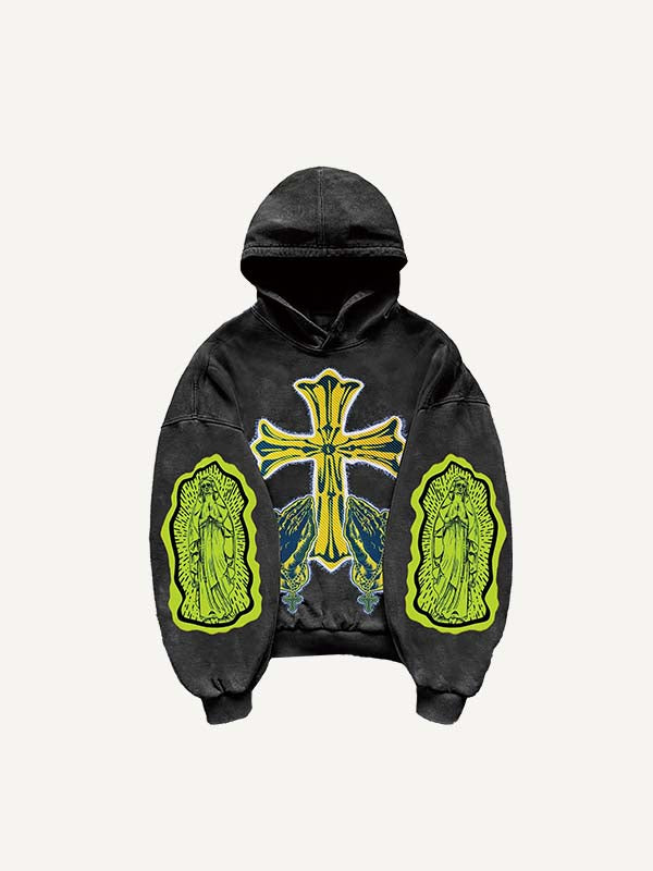 Figure&Pray&Cross Faux Decal Print Slant Pockets Hoodie