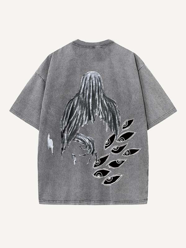 Distressed Washed Figure&Eye&Fire&Graphic Print Round Neck T-shirt