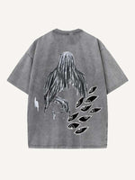 Distressed Washed Figure&Eye&Fire&Graphic Print Round Neck T-shirt