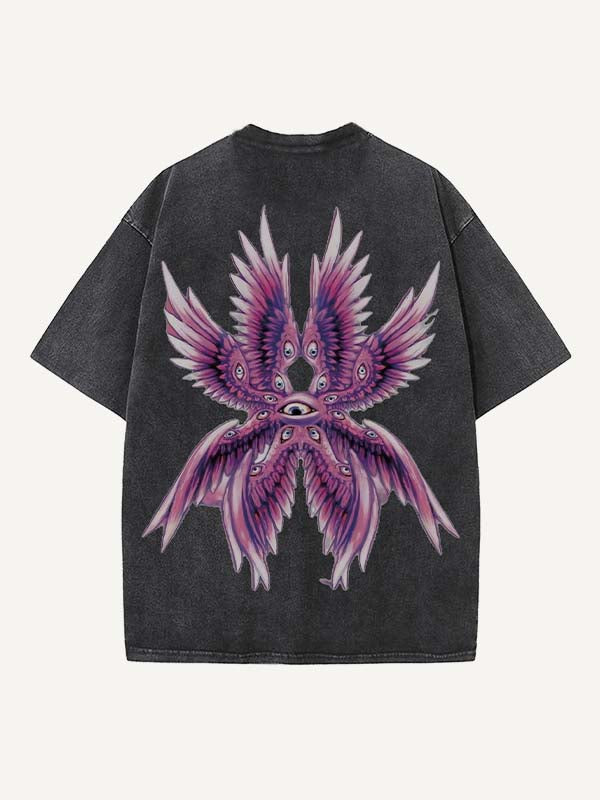 Distressed Washed Eye&Wing Print Round Neck T-shirt