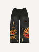 Evil Sun&Moon&Star&Cloud Faux Decal Print Elastic Waist Pants