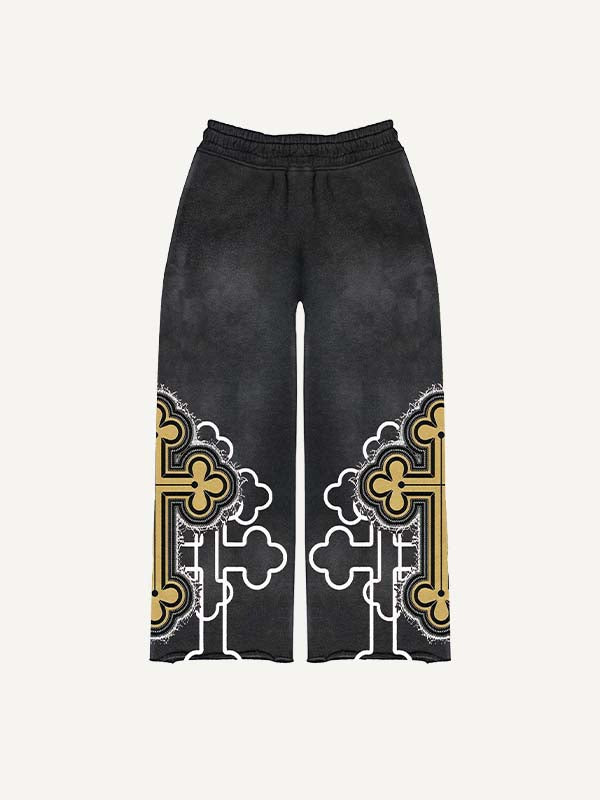 Cross&Letter&Graphic Faux Decal Print Elastic Waist Pants