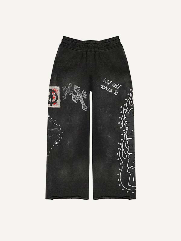 Cross&Letter Print Elastic Waist Pants