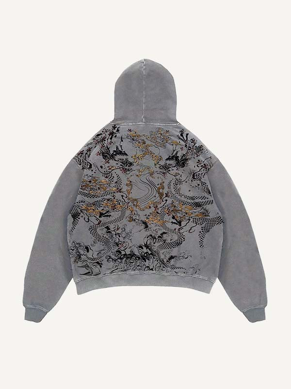 Distressed Washed Dragon Print Slant Pockets Hoodie