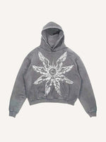 Distressed Washed Eye&Wing Print Slant Pockets Hoodie