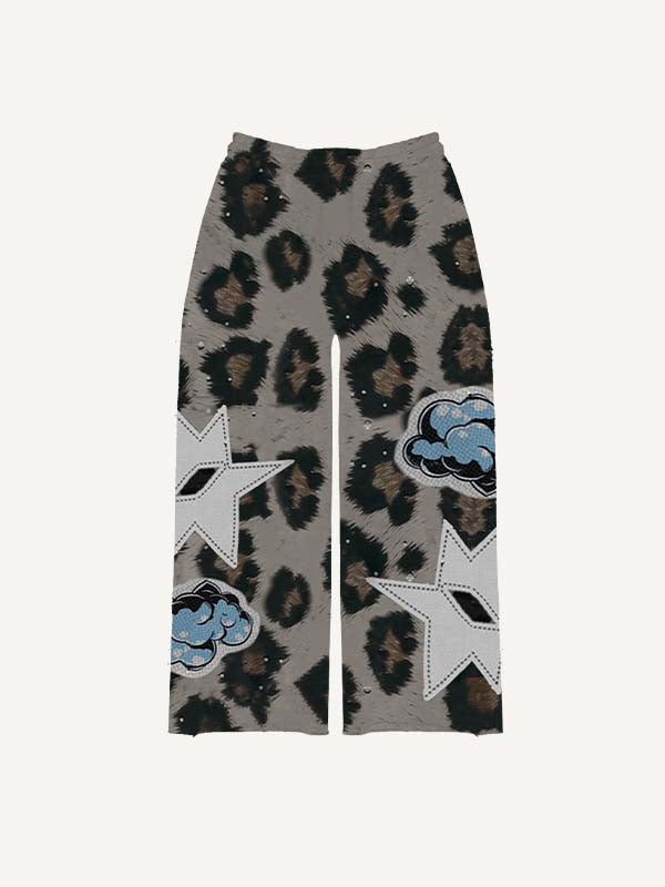 Leopard Print&Cloud&Graphic Faux Decal Print Elastic Waist Pants