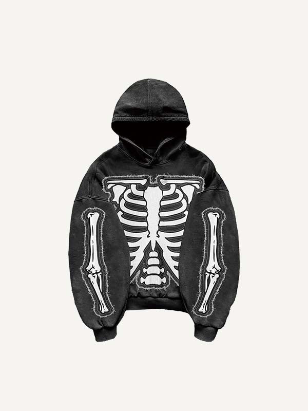 Skeleton&Gesture Faux Decal Print Slant Pockets Hoodie