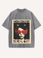 Distressed Washed Figure&Letter Print Round Neck T-shirt