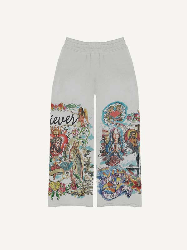 Mary&Jesus&Pray&Cross&Graphic&Letter Print Elastic Waist Pants