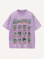 Distressed Washed Halloween Horror Print Round Neck T-shirt