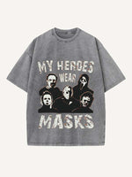 Distressed Washed Halloween Horror Print Round Neck T-shirt