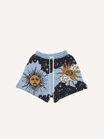 Sad Sun&Eye&Cloud&Graphic Print Drawstring Waist Shorts