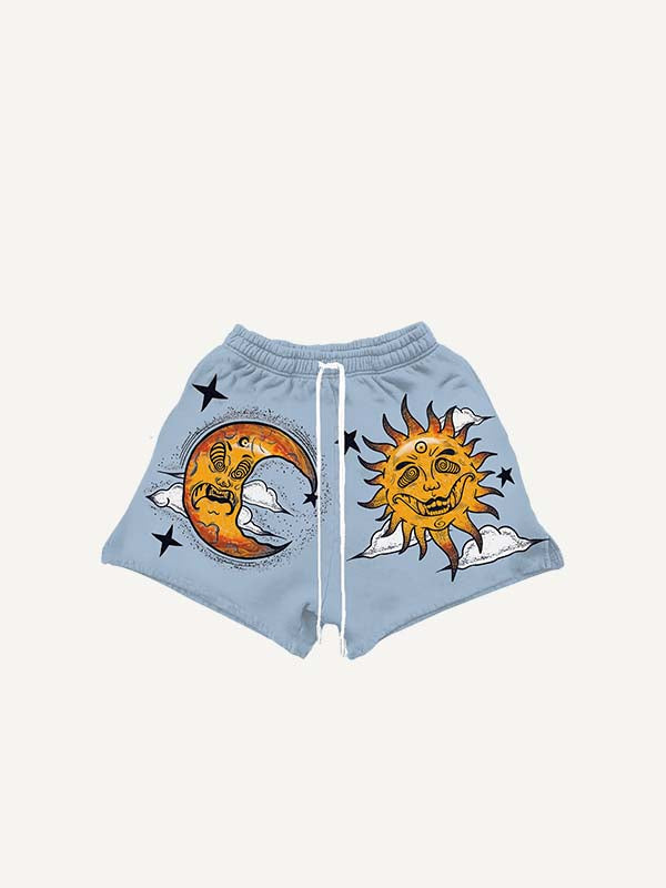 Evil Sun&Moon&Eye&Graphic Print Drawstring Waist Shorts