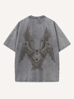 Distressed Washed Wing&Eye&Graphic Print Round Neck T-shirt