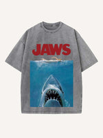 Distressed Washed Figure&Shark&Letter Print Round Neck T-shirt