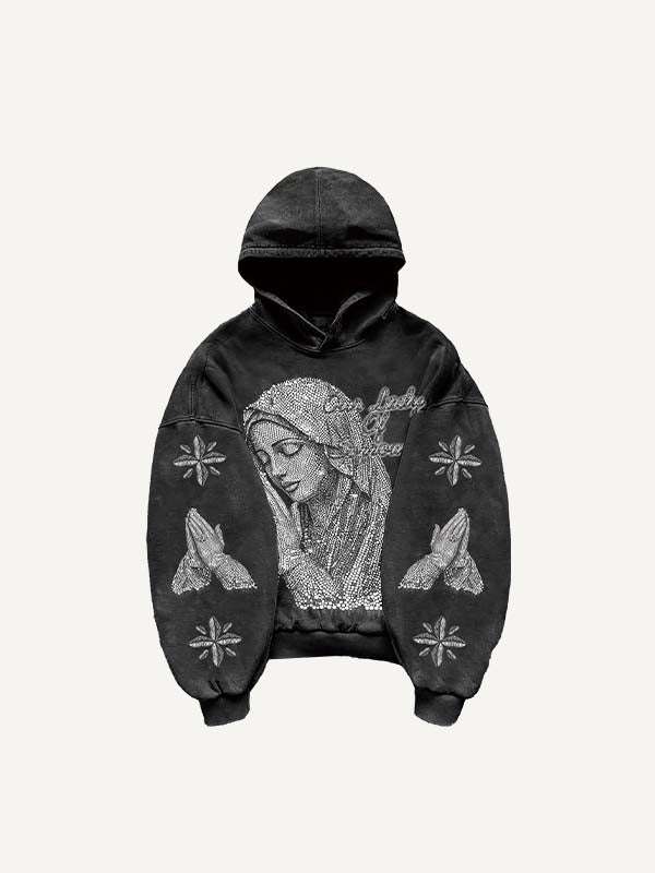 Mary&Pray&Pigeon&Letter Faux Rhinestones Print Slant Pockets Hoodie