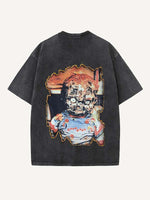 Distressed Washed Horror Print Round Neck T-shirt