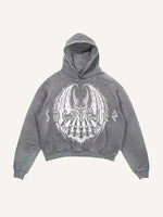 Distressed Washed Demon&Wing&Letter Faux Rhinestones Print Slant Pockets Hoodie