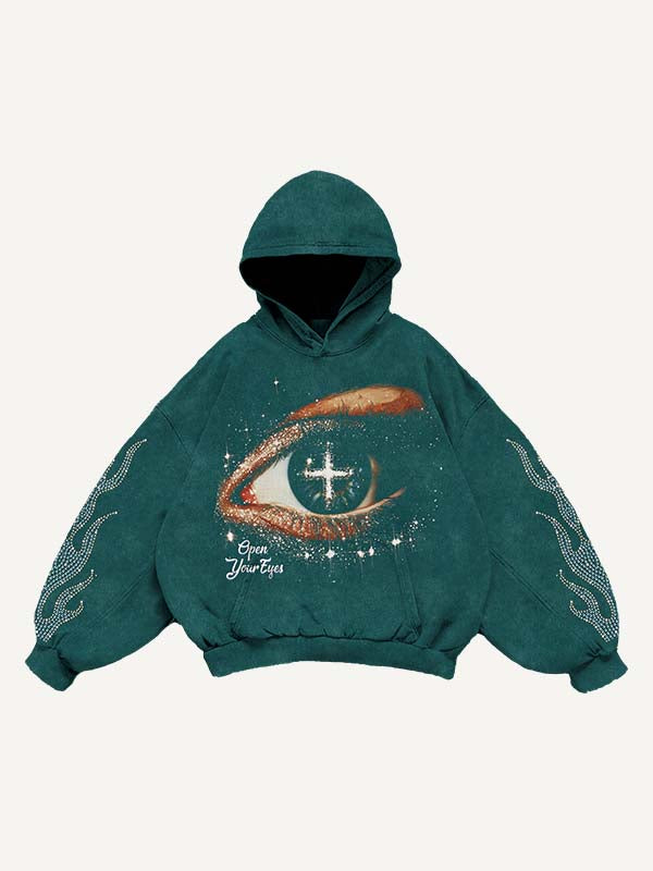 Eye&Fire&Letter Faux Rhinestones Print Slant Pockets Hoodie