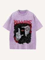 Distressed Washed Eye&Palm&Letter&Graphic Print Round Neck T-shirt