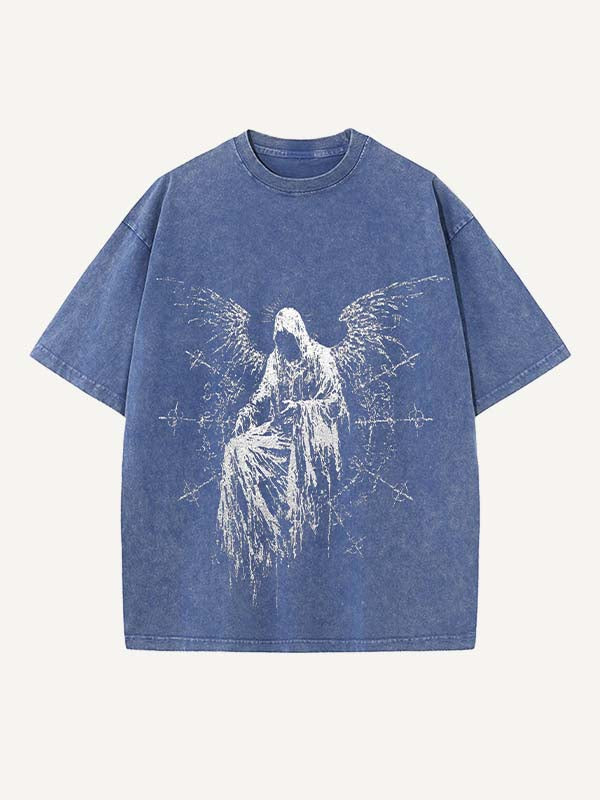 Distressed Washed Figure&Wing&Cross&Graphic Print Round Neck T-shirt