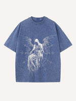 Distressed Washed Figure&Wing&Cross&Graphic Print Round Neck T-shirt