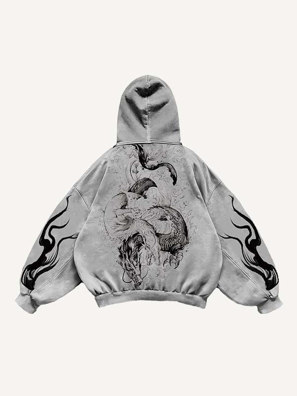 Tiger&Dragon&Animal Print Slant Pockets Hoodie