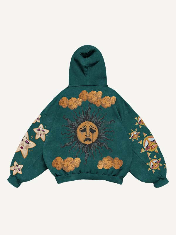 Sad Sun&Eye&Cloud&Graphic Print Slant Pockets Hoodie