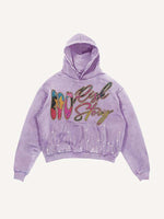 Distressed Washed Eye&Cross&Letter&Graphic Faux Rhinestones Print Slant Pockets Hoodie