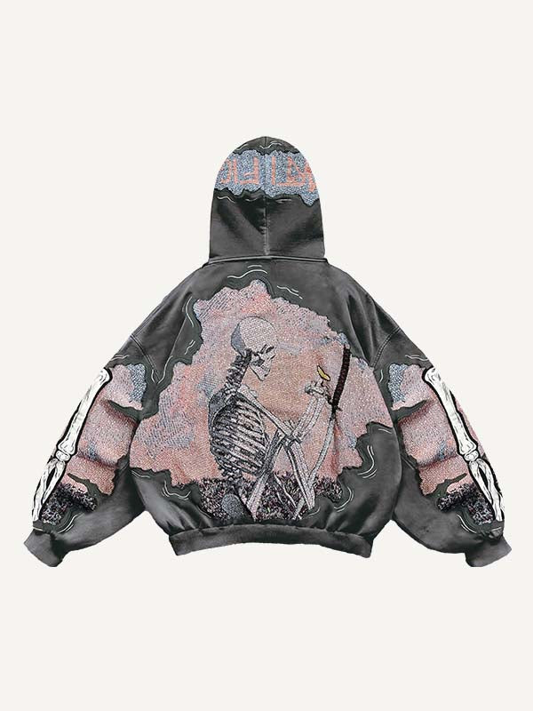 Skeleton&Graphic Faux Decal Print Slant Pockets Hoodie