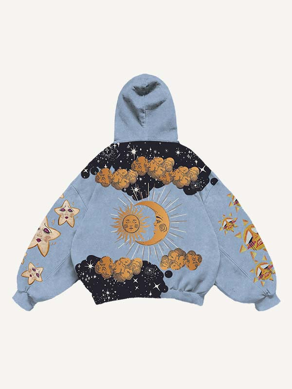Sad Sun&Moon&Eye&Cloud&Graphic Print Slant Pockets Hoodie