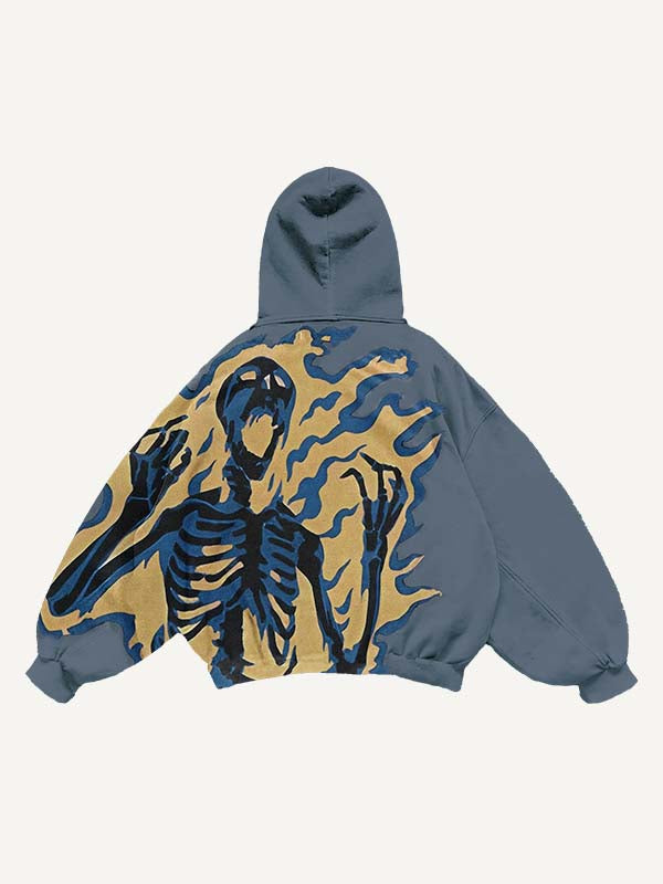 Fire Skeleton Print Slant Pockets Hoodie