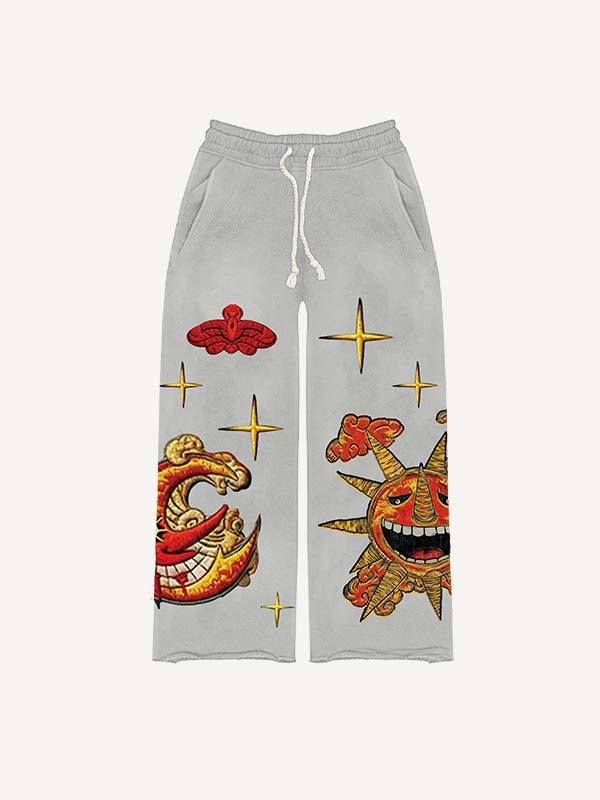Evil Sun&Moon&Star&Cloud Faux Decal Print Elastic Waist Pants