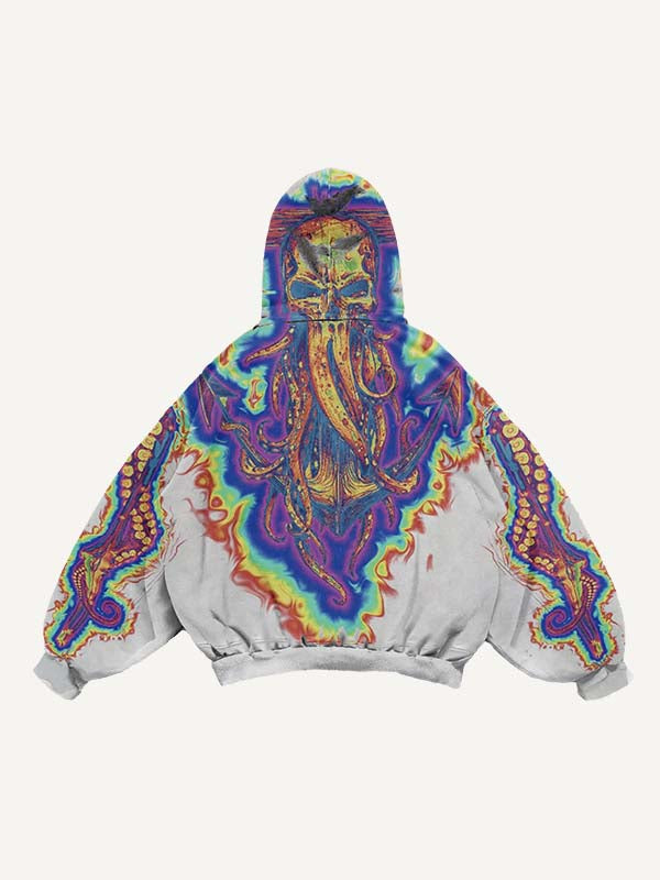 Skeleton&Octopus Print Slant Pockets Hoodie