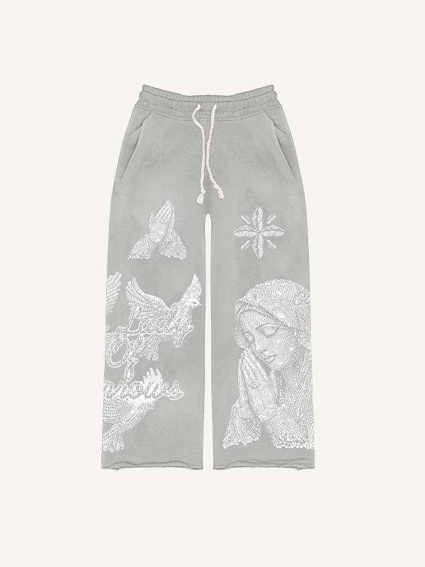 Mary&Pray&Pigeon&Letter Faux Rhinestones Print Elastic Waist Pants
